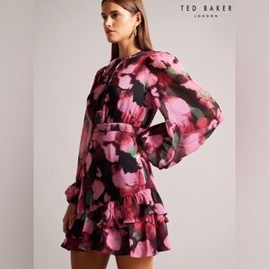 NWT Ted Baker Pink Floral Ruffle Long Sleeve Mini Dress (US 2–4)